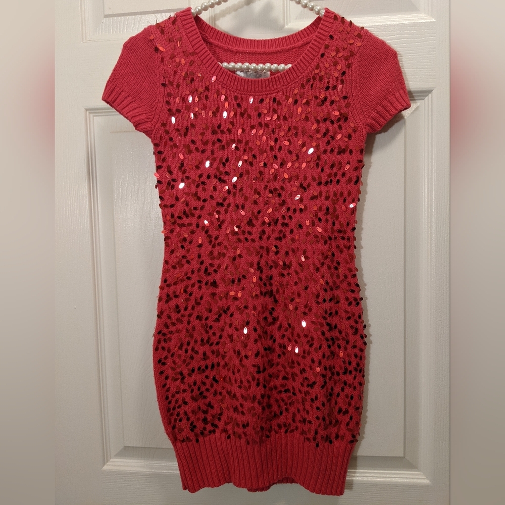 JUSTICE Girls Short Sleeve Sweater Dress w/ Sequence Size 10 Pink, Gorgeous! EUC